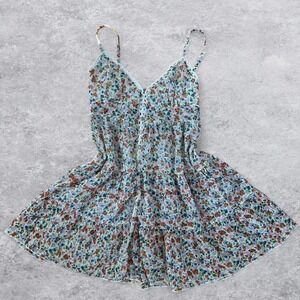 Multicolored Floral Mini Dress with Lace‎ Trim Adjustable Straps Button Front